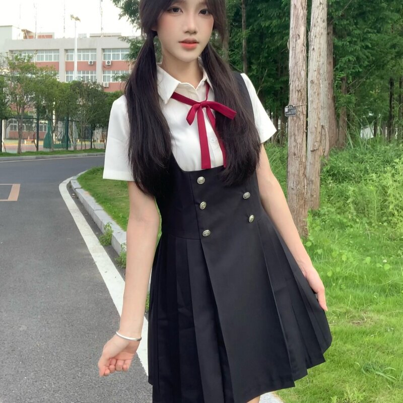 云靡 原创正统双排扣背带裙jk制服水手服学院风收腰显瘦背心裙女