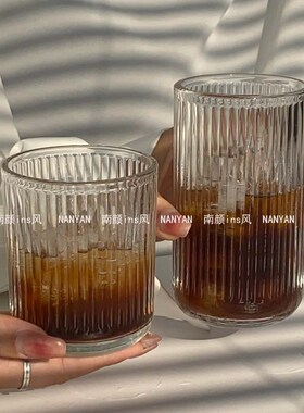 ins风简约条纹玻璃杯子美式咖啡杯拿铁果汁杯冷饮料杯牛奶早餐杯