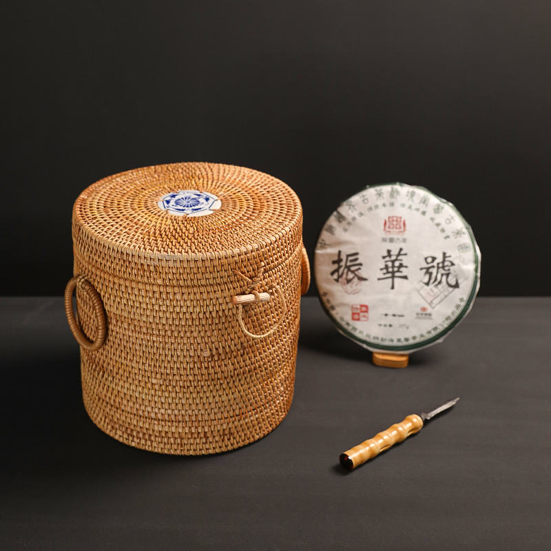 茶叶罐中式茶盒茶具青花瓷家用七子饼手工藤编收纳存储普洱茶饼