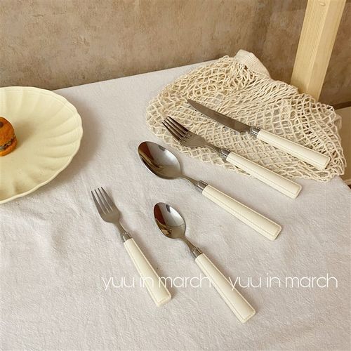 韩国ins风仿皮纹不锈钢刀叉勺三件套甜品勺牛排刀叉子西餐餐具