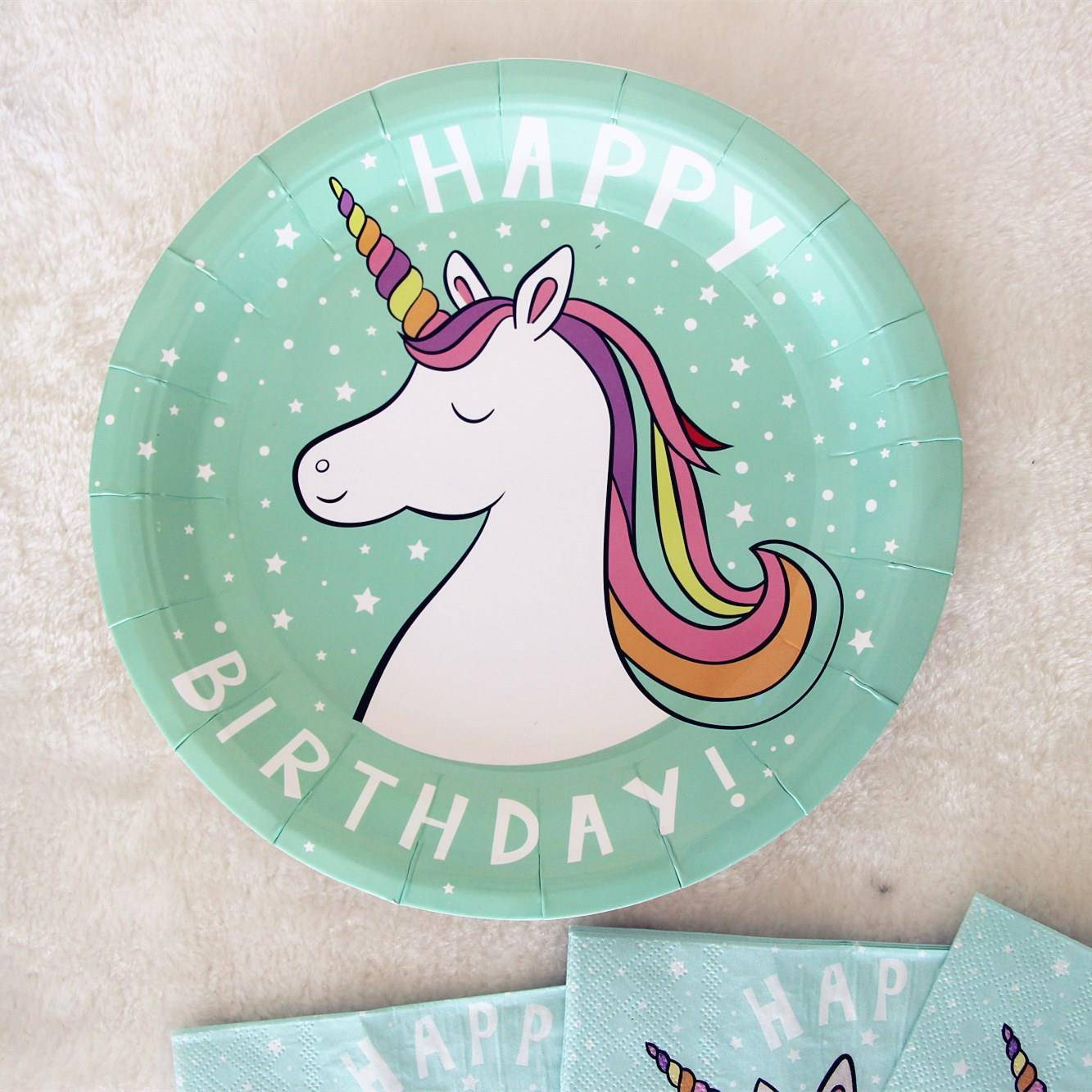新款派对一次性纸盘儿童生日聚会卡通装饰用品独角兽碟子纸杯纸巾