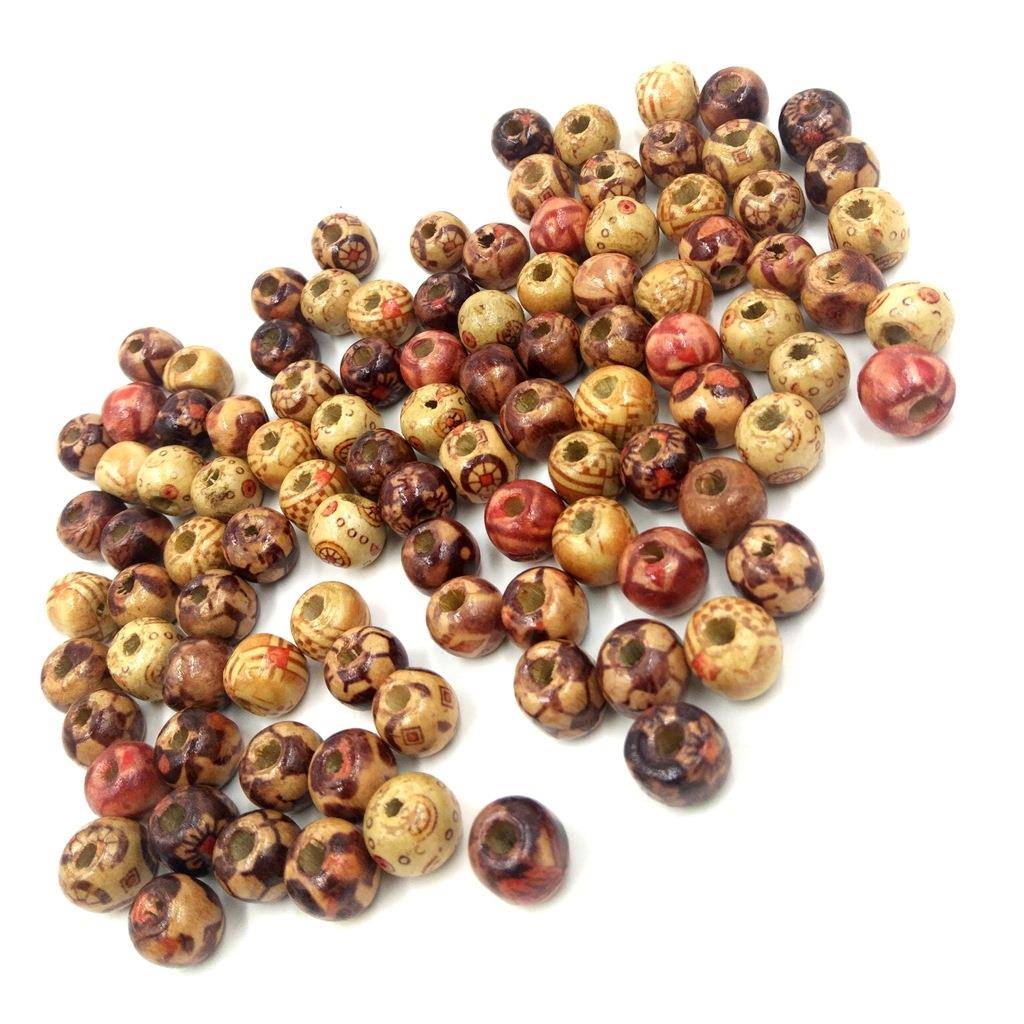 印花珠包花珠彩绘花纹木珠大孔水桶珠可做等手串饰品