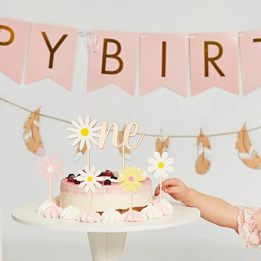 跨境蛋糕木质插件装饰ins风格派对布置道具UV印刷小雏菊图案