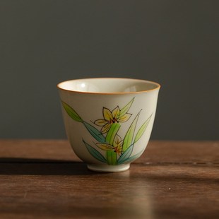 且来手绘兰花茶杯l仿古陶瓷功夫茶具家用品茗杯喝茶单杯小杯子客