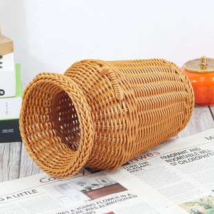家居桌面复古装 新款 饰双s耳花瓶摆件仿藤编花瓶篮手工编织花篮