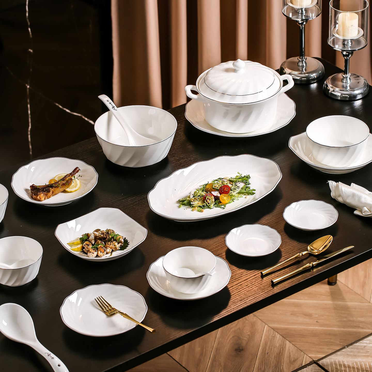 高档家用骨瓷餐具罗纹造型设计