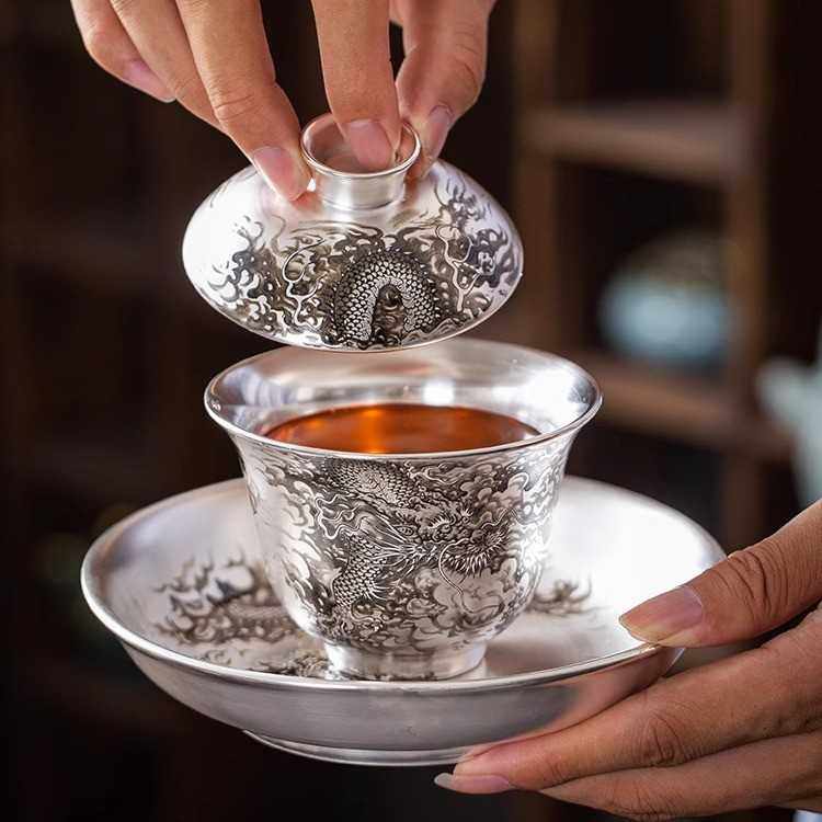 新款直销龙年新款银茶具真银包银质作画盖碗陶瓷鎏银套组纪念品周,餐饮具,盖碗,淘宝优惠券,粉丝福利购,淘宝优惠卷