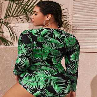 連體泳衣 新款 歐美女士大碼 長(zhǎng)袖 直銷跨境新款 印花拉鏈肥婆速賣通