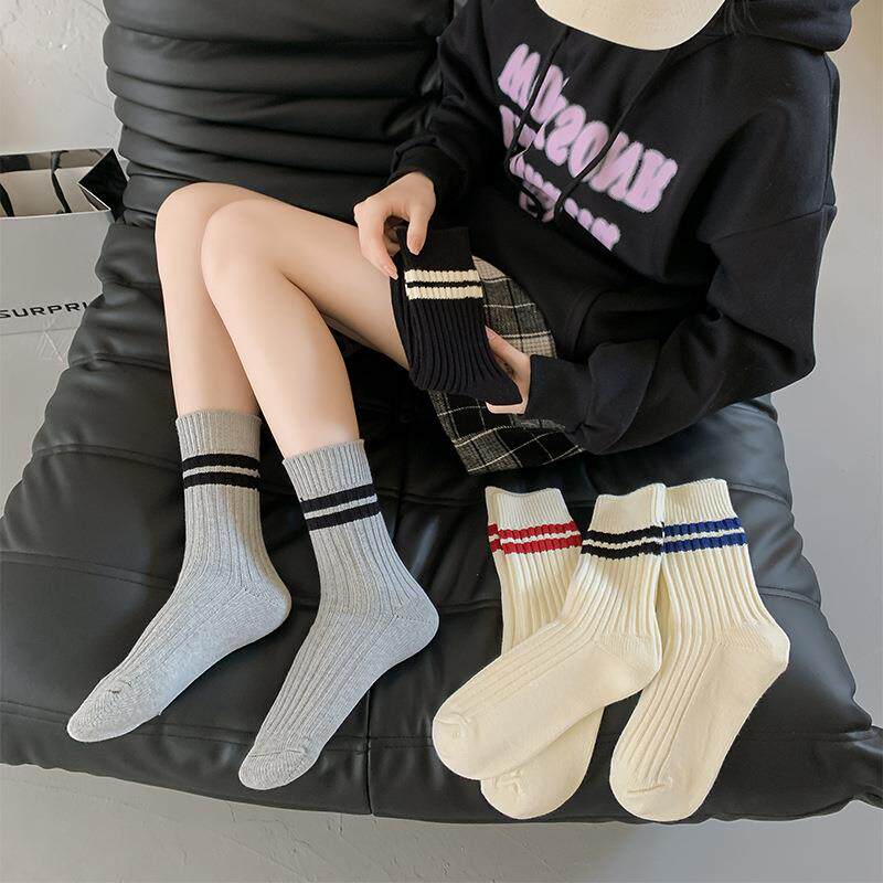 新款直销精梳棉中筒袜男女情侣运动袜学院风粗针双杠韩版潮流女袜
