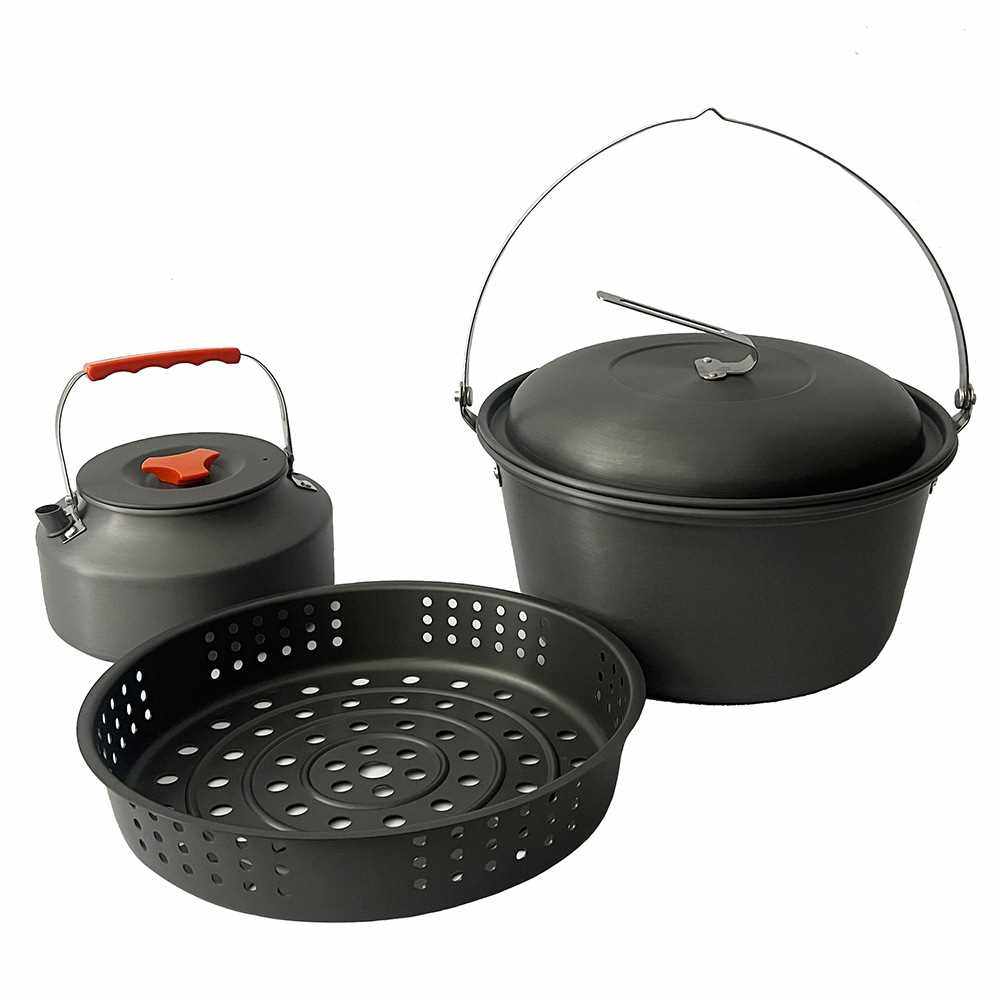 新款直销户外野营套锅蒸锅茶壶组合 露营折叠大号蒸锅配1.6L水壶