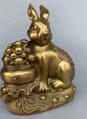 新款直销纯铜钱袋兔摆件铜钱生肖兔聚宝盆兔踩布袋铜兔家居店铺装