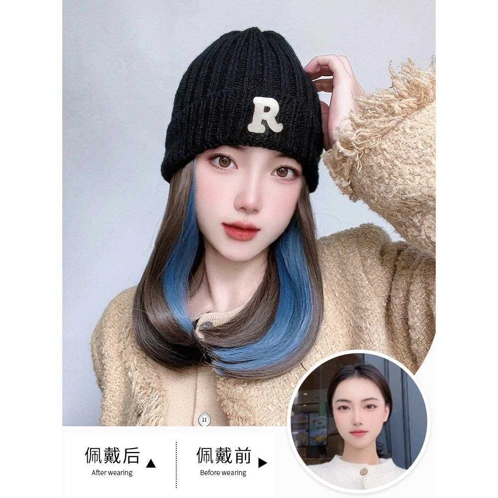 新款直销假发帽子一体时尚秋冬季毛线针织帽挑染短发锁骨发自然全