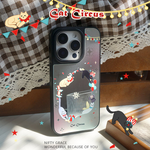 猫咪马戏团镜面iPhone17promax原创可爱设计苹果15新款16promax手机壳适用14全包防摔耐脏高级感补妆镜子小众