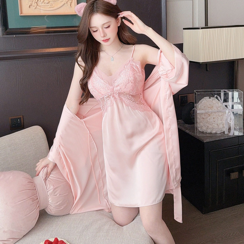 女夏季网纱蕾丝冰丝绸性感睡袍含