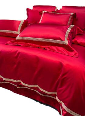 红色婚庆件人套婚嫁四床上用品1.8米米床双被H12纯色24件套新房布