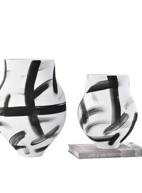 手绘侘寂几何条陶瓷花瓶线件客厅玄关样民板摆房宿YUZ干花水培插