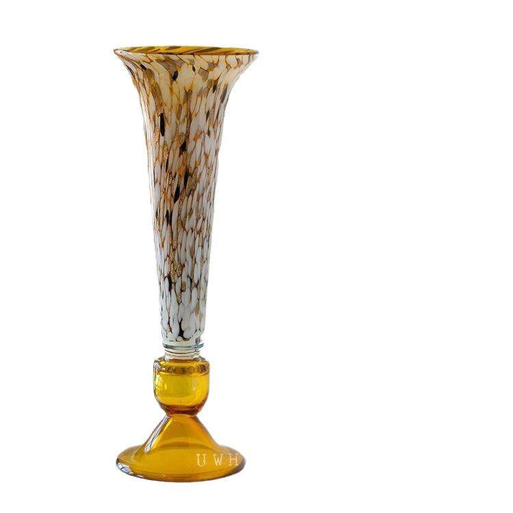 中古花瓶vintage琥珀高脚高级手工琉璃艺术花器插花摆件
