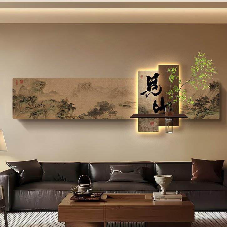 见山字画客厅装饰画茶室背景墙上挂画书房公室宋美学发光灯画