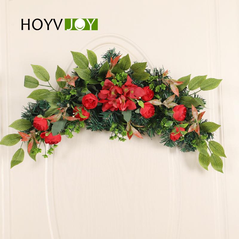 鸿禹跨境春季仿真花红色茶苞绣球门楣门挂家居婚庆pvc装饰挂件