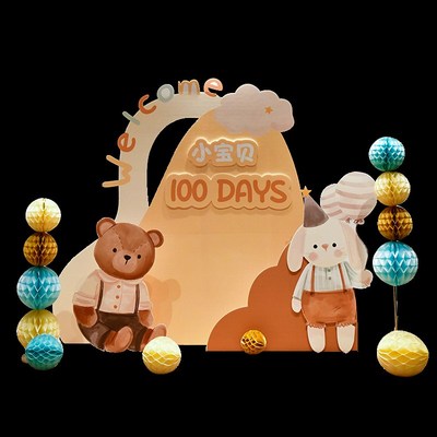 卡通动物一周岁生日布置宝宝快乐场景百天满月背景墙V气球kt板装