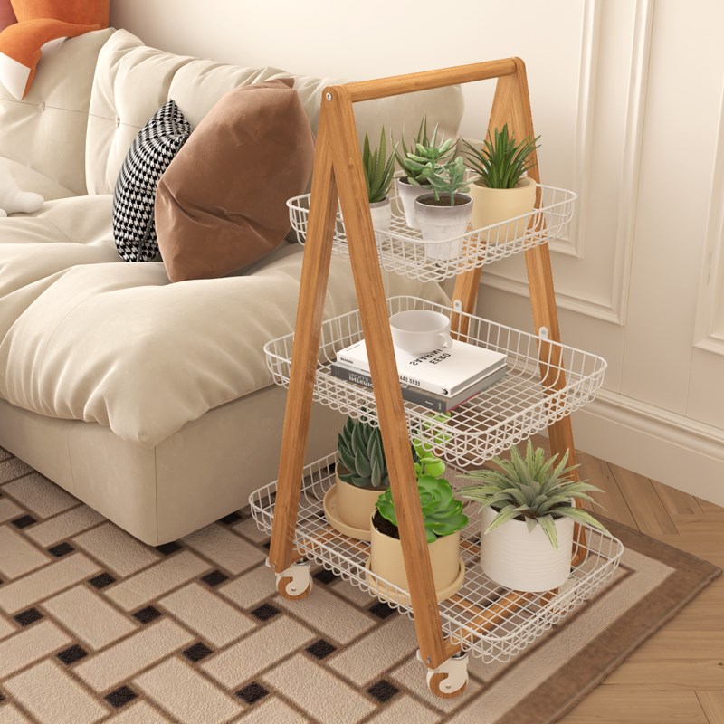 可移动花架带轮阳台小q推车植物角花盆架客厅落地式实木多层置物
