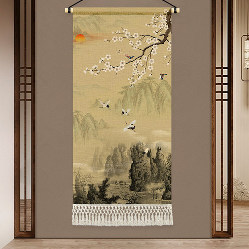 新中式花鸟挂毯布艺入户玄关客厅装饰挂画背景墙挂布走廊过道布画