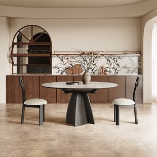 极简黑色实木餐桌方圆两用可伸缩岩板餐桌圆形 奥古斯特婉然意式