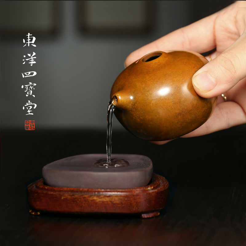 文房四宝复古黄铜圆形砚滴 水滴黄铜铜器砚台加水磨墨.水滴铜砚滴