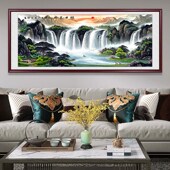山水画客厅挂画纯手工绫布聚宝盆国画办公室新中式 沙发背景装 饰画
