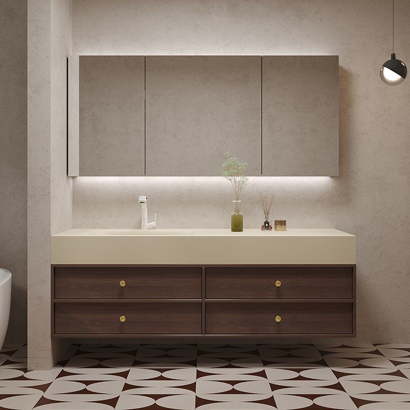 中古风岩板热弯无缝一体盆浴室柜组合卫生间洗漱台洗手洗脸池定制