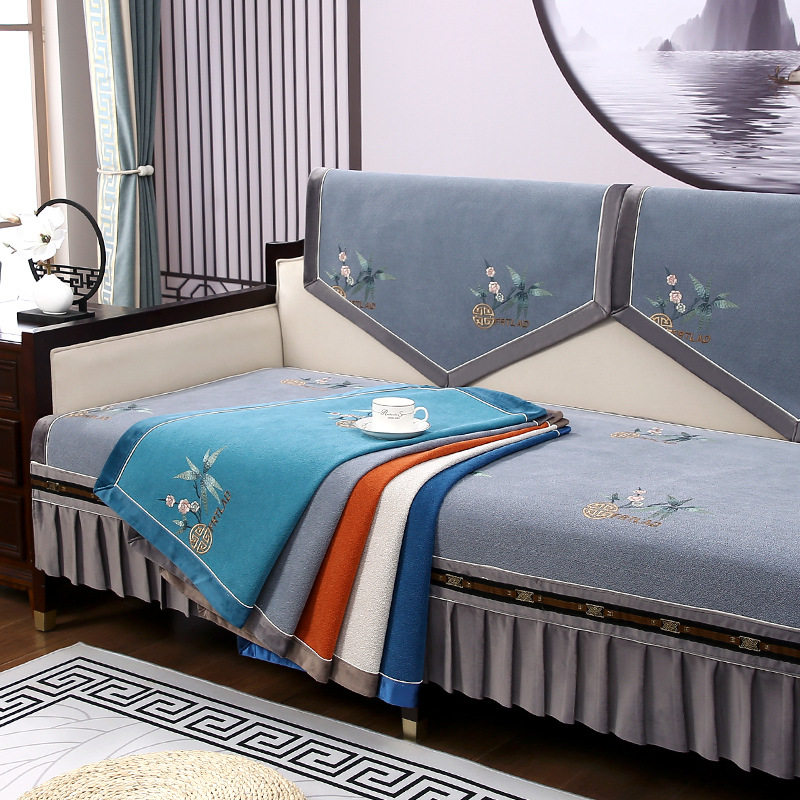 皮沙发专用贵妃沙发垫2023年新款高档新中式绣花沙发布套罩靠背巾