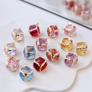 复古宫廷风幻彩透色金边方块吊坠diy配饰耳环钥匙扣拉链扣配件