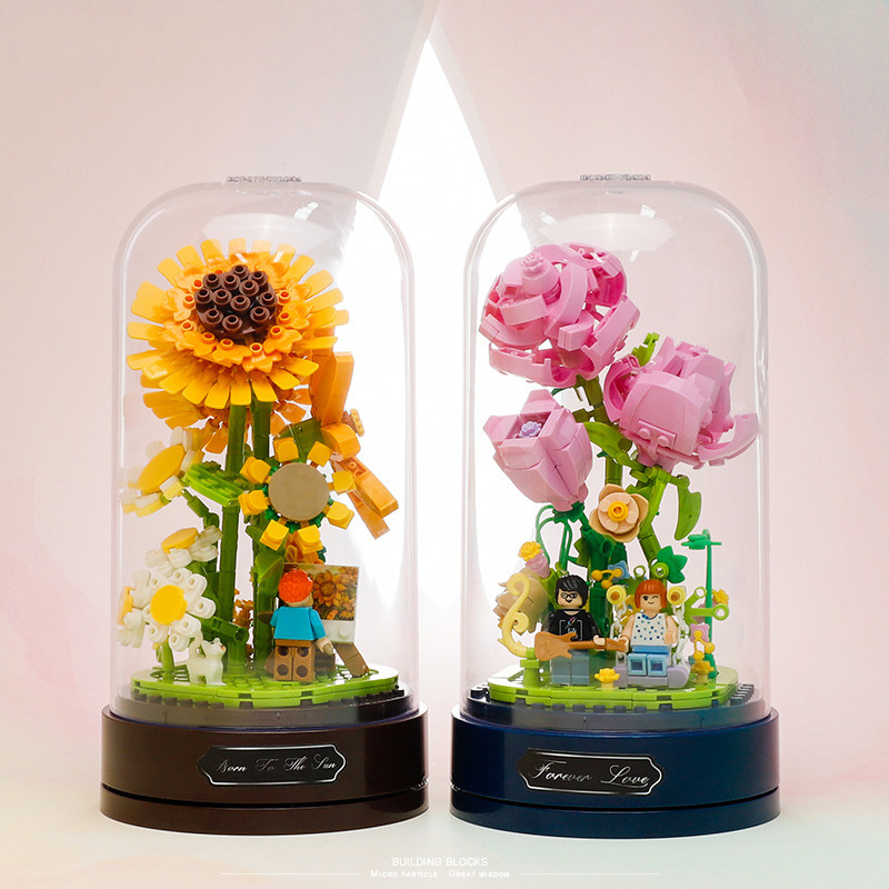 向日葵积木花束音乐盒玫瑰女生2025新款拼装玩具女孩手办公室摆件