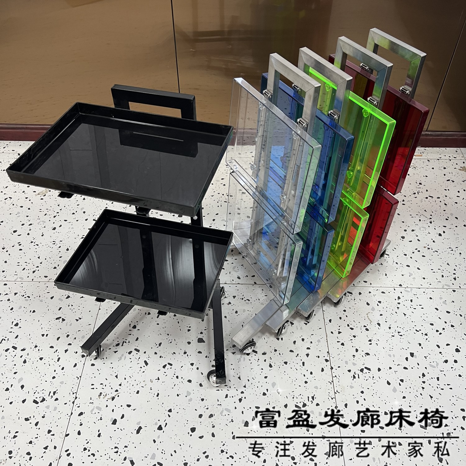 美容美发专用亚克力推车理发店移动折叠不锈钢杠车美甲烫染工具车