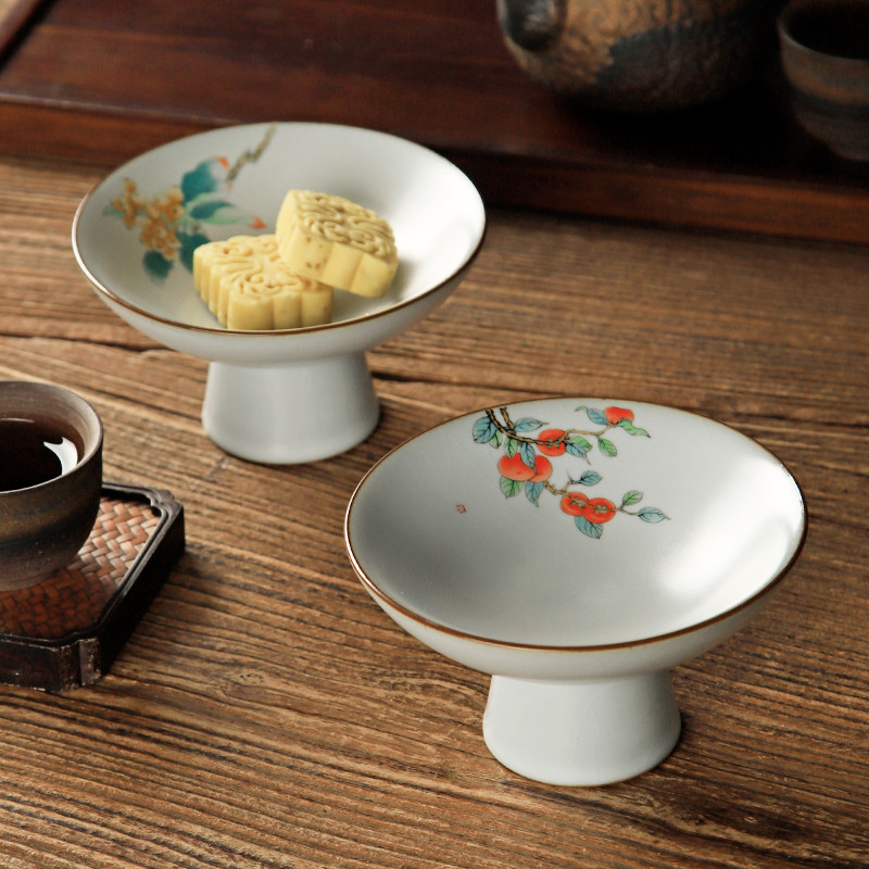 汝窑茶点盘果盘高脚盘点心水果中式高足供佛糕点陶瓷果篮零食碗碟
