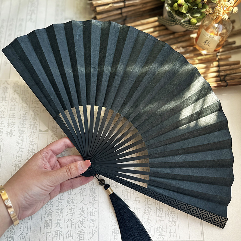芷墨绅士扇日式纯色边骨花纹复合单面纸扇汉服素雅扇子复古风折扇