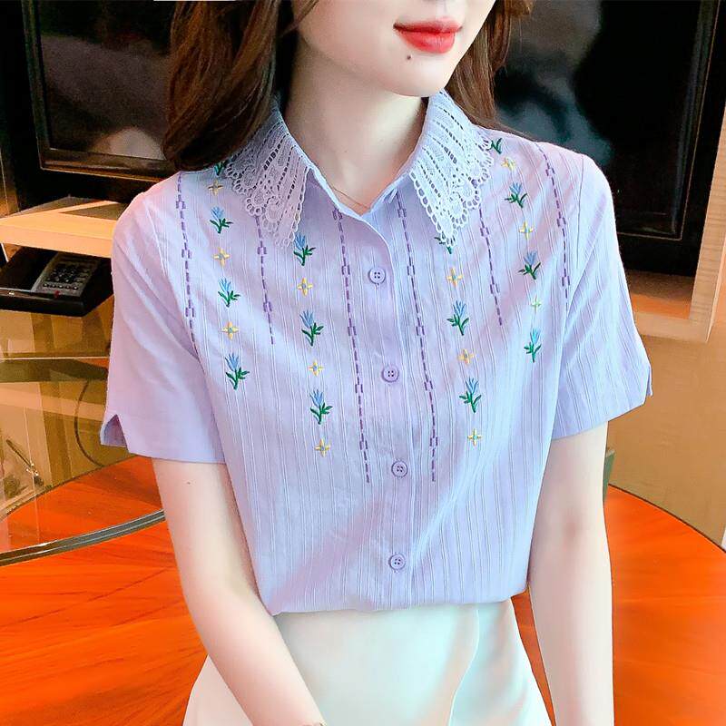 香港TIMO夏季新款女装时尚减龄纯棉衬衫洋气全棉刺绣短袖紫色上衣