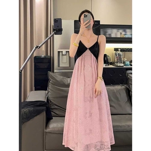 法式 FAshi 粉色吊带连衣裙女夏高级感气质收腰显瘦海边度假长裙子