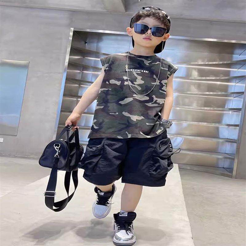 韩版男童夏装套装新款儿童装洋气迷彩背心无袖T恤夏季两件套