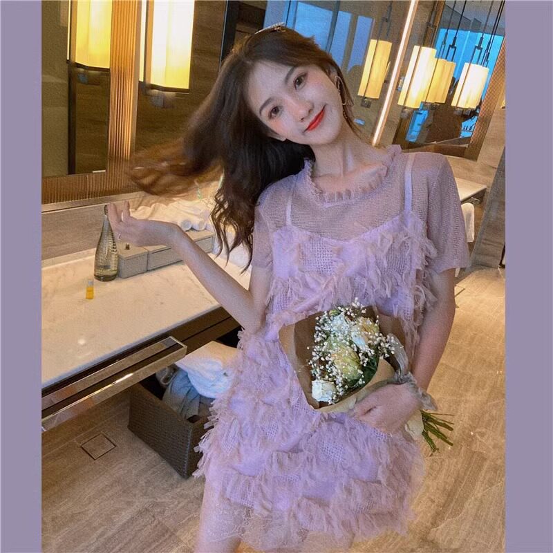 FAshi 夏装新款仙女超仙森系甜美流苏连衣裙法式初恋小个子娃娃裙