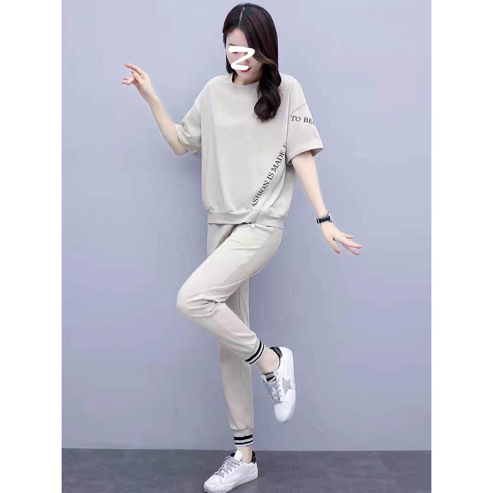 欧洲站休闲时尚运动套装女2024年新款夏季薄款宽松短袖长裤两件套