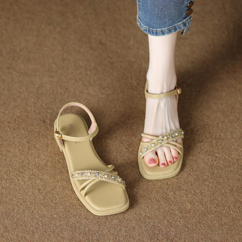 小丸子 软底不累脚一字带凉鞋女2025夏季款仙女风真皮外穿平底鞋