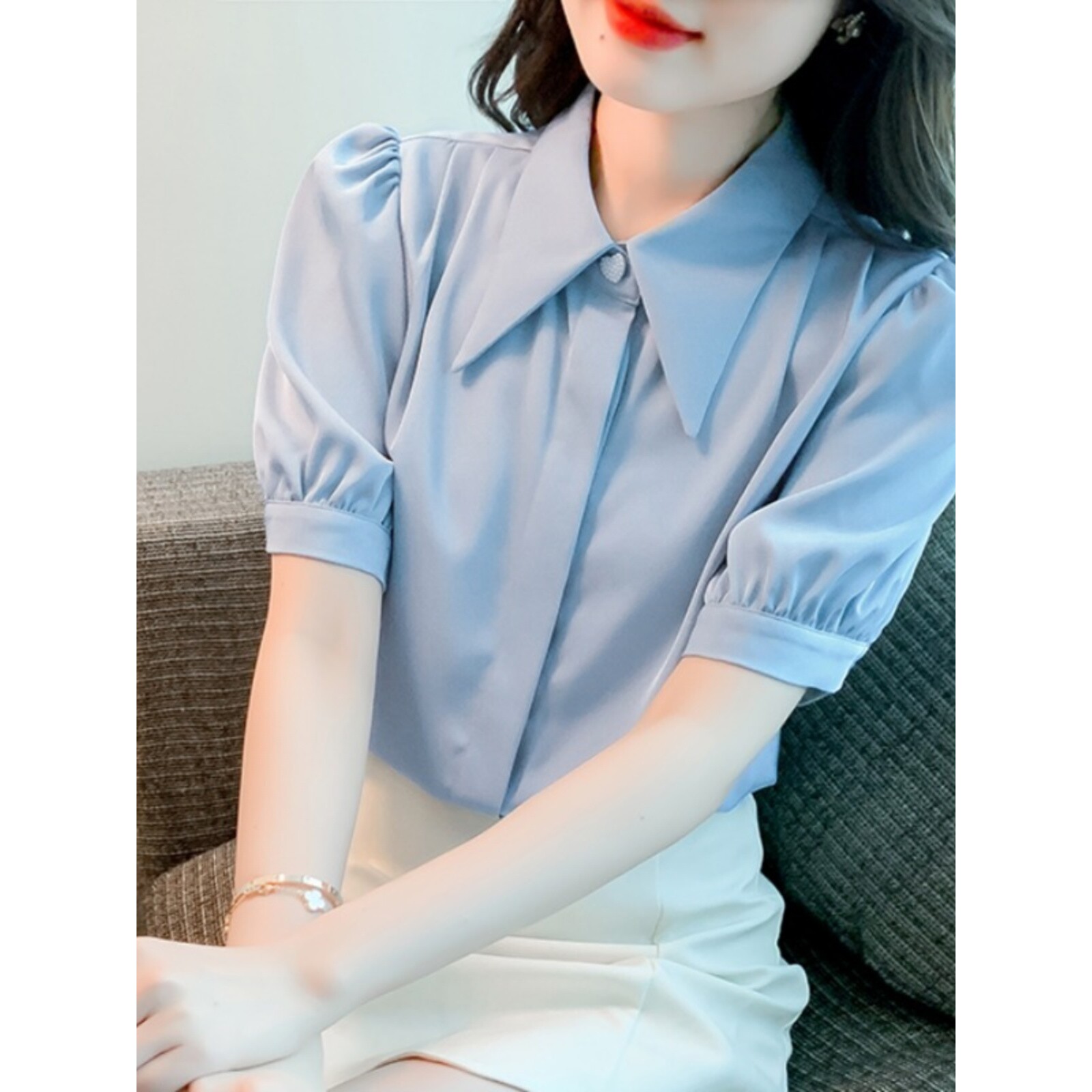 香港TIMO法式纯色翻领钉珠单排扣短袖雪纺衬衫女夏季新款薄款上衣