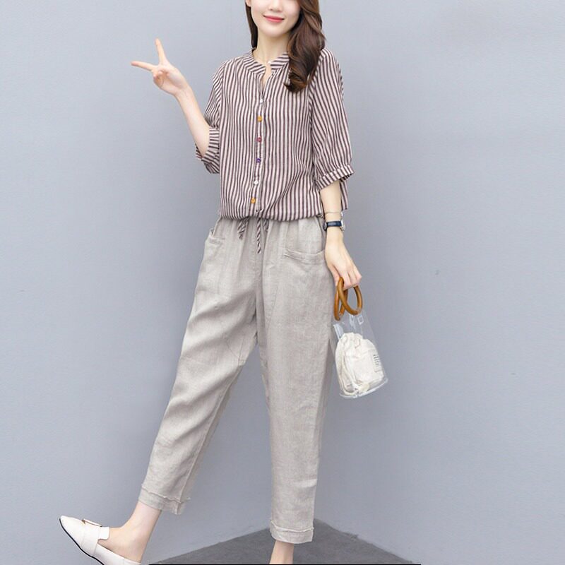 法国Rouje Dsyle套装夏季女短袖条纹棉麻t恤上衣九分哈伦裤两件套