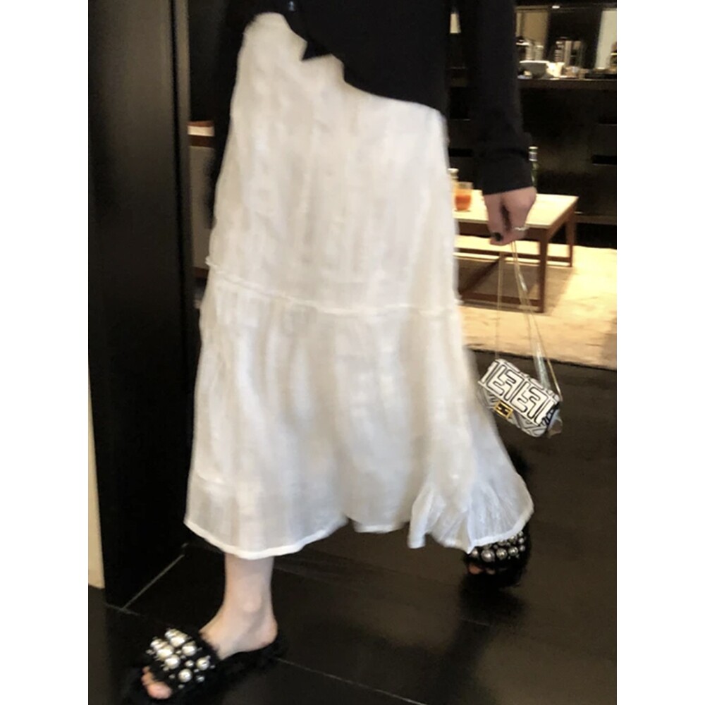 法式梨形身材白色半身裙女夏2024新高腰显瘦设计感小众a字网纱裙