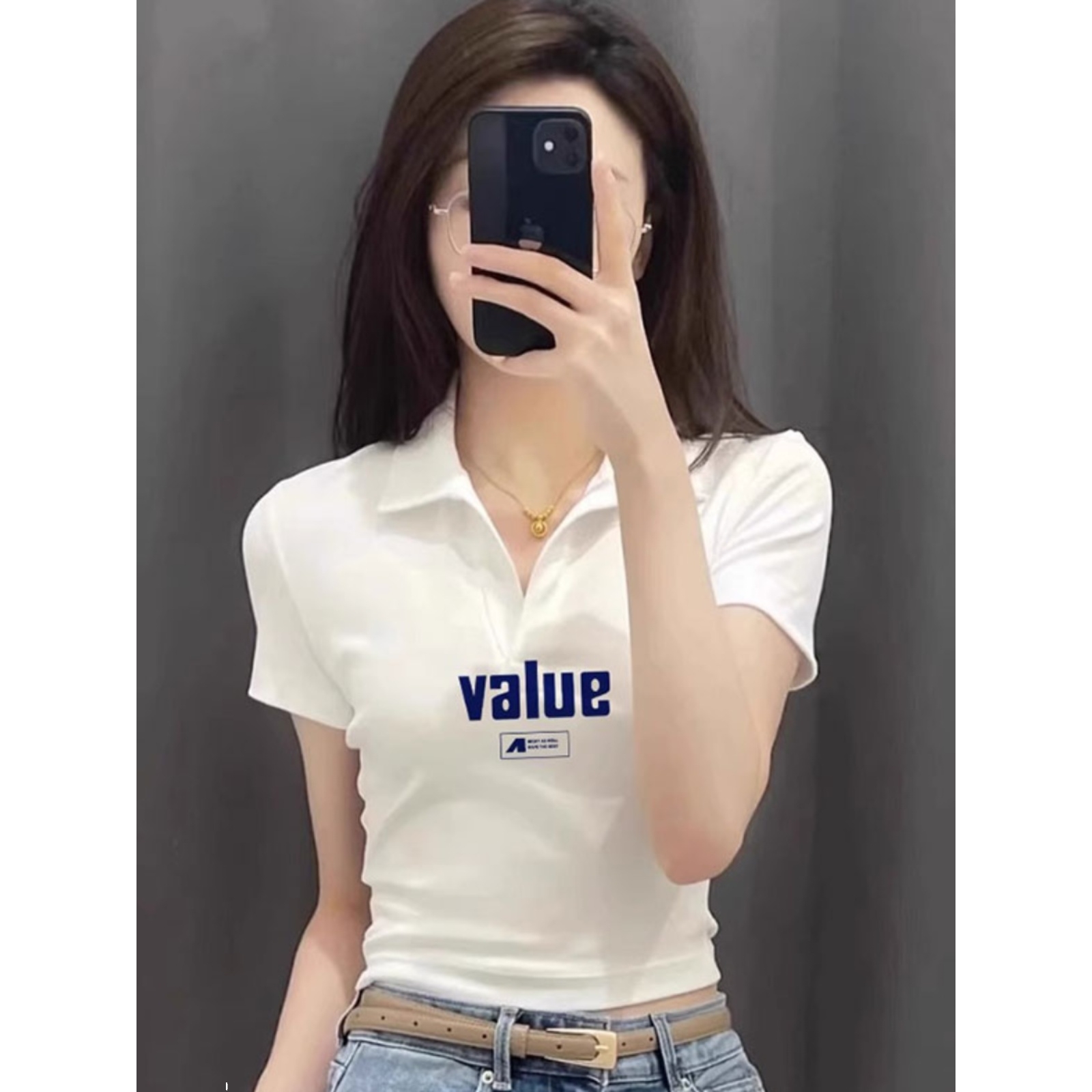 纯棉polo领白色短袖t恤女夏季薄款修身显瘦掐腰短款正肩体恤上衣