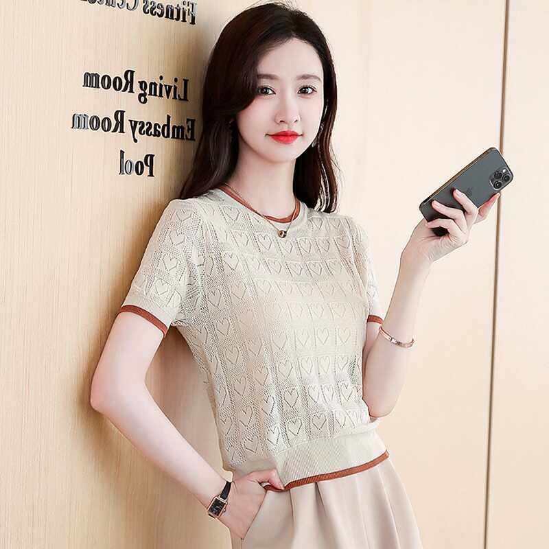 韩国冰丝短袖t恤女2024夏 镂空针织衫洋气小衫小个子气质短款上衣