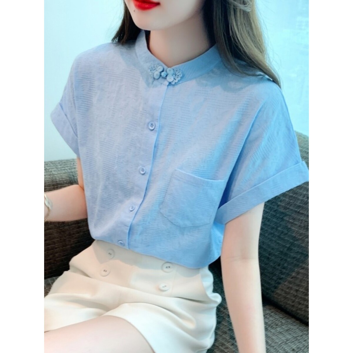 香港TIMO夏季2025减龄提花纯棉衬衫女洋气全棉宽松遮肚子上衣无袖