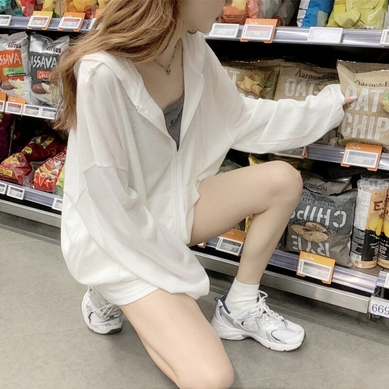韩国白色宽松连帽防晒衣服女夏防紫外线透气开衫学生百搭洋气外套