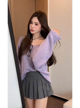 韩系早秋氛围感穿搭紫色一字肩马海毛毛衣女秋冬慵懒风针织衫上衣